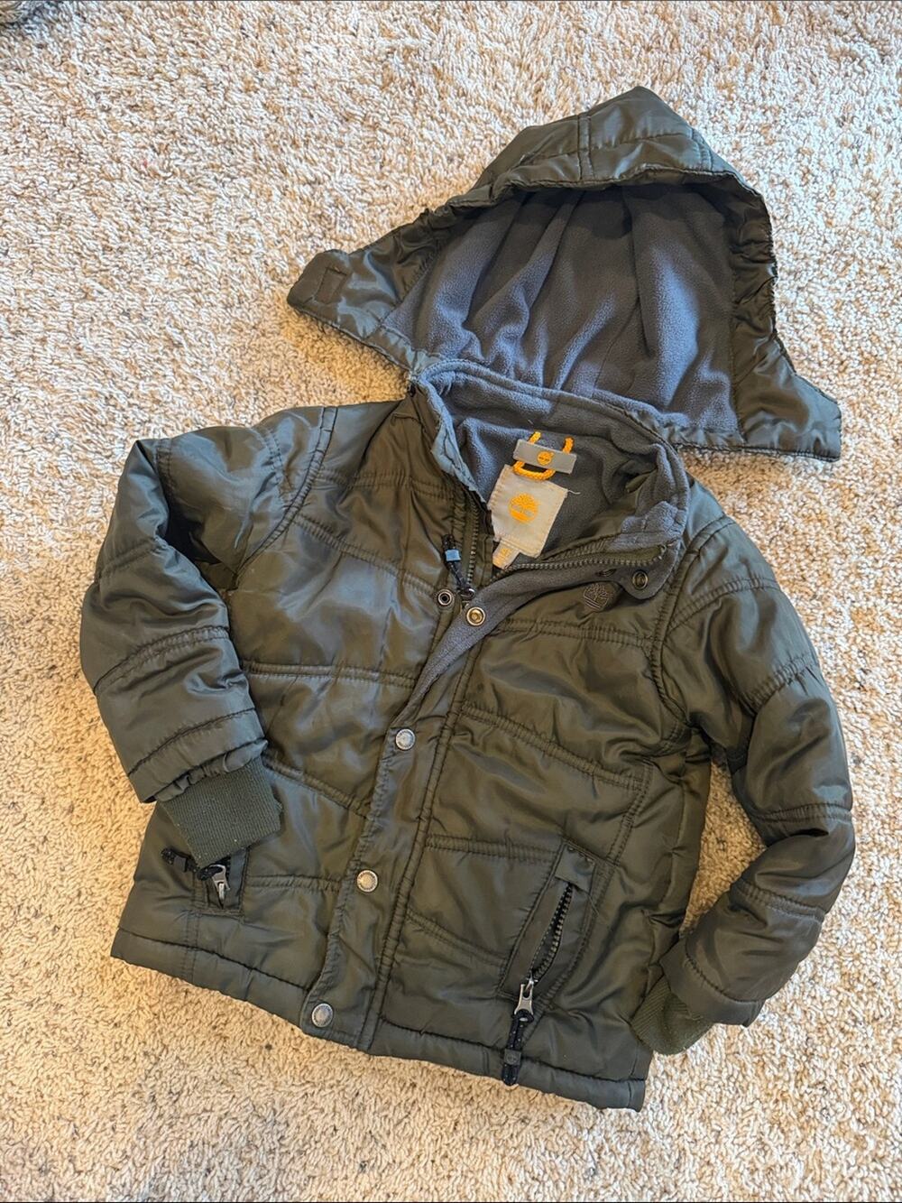 TIMBERLAND Boys Toddler Olive Hooded Puffer Winter Jacket Fleece Lined Size 4T